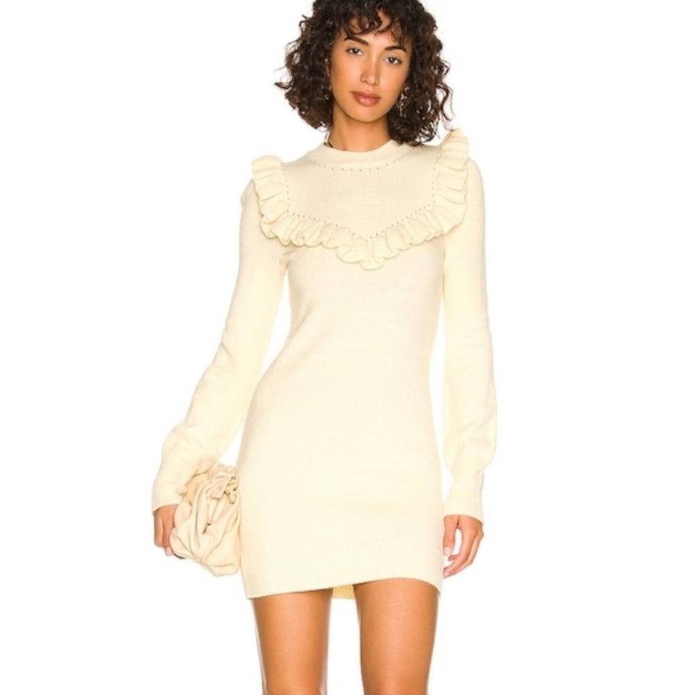 Tularosa Damiana Ivory Knit Wool Blend Ruffle Top Long Sleeve‎ Mini Dress - M